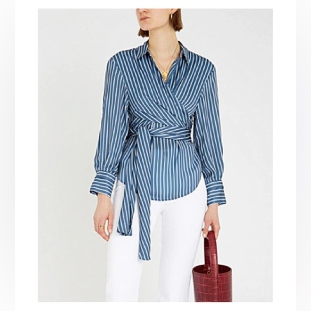 Maje Cosa Blue Striped Tie-Front Wrap Blouse